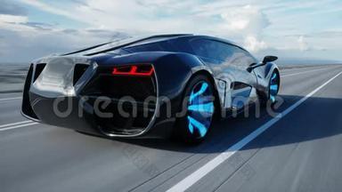 黑色<strong>未来</strong>派电动汽车在沙漠高速公路上。 开得很快。 <strong>未来</strong>的概念。 可循环使用。 录像。 现实